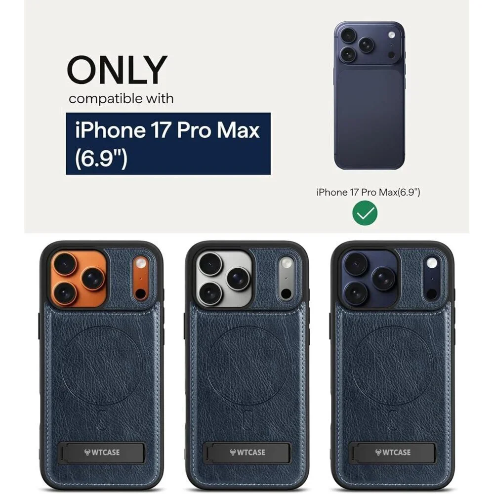 Blue Iphone 17 Pro Max Invisible Stand Protective Slim Kickstand Leather Case